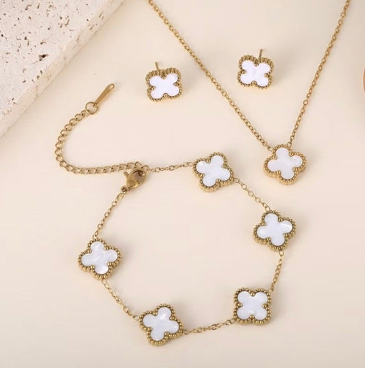 Five-Leaf Clover 🍀 Bracelet Necklace Earring Set Fashionable Stainless Steel Earrings Jewelry Set