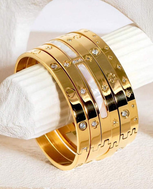 Waterproof Cubic Zirconia Heart Flower Bangles Stainless Steel Bracelets Tarnish Free Jewelry for Women