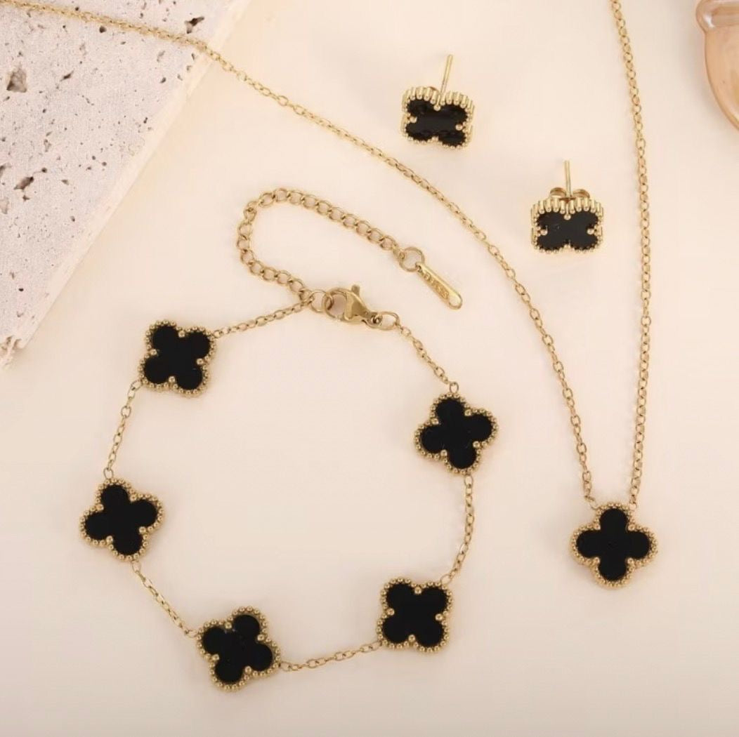 Five-Leaf Clover 🍀 Bracelet Necklace Earring Set Fashionable Stainless Steel Earrings Jewelry Set